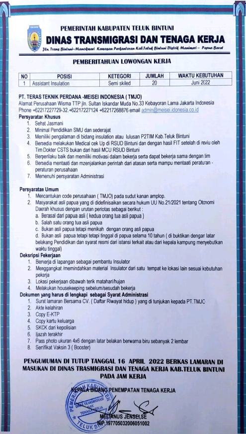 PEMBERITAHUAN LOWONGAN KERJA OLEH DINAS TRANSMIGRASI DAN TENAGA KERJA KABUPATEN TELUK BINTUNI, SENIN (11/4/2022)