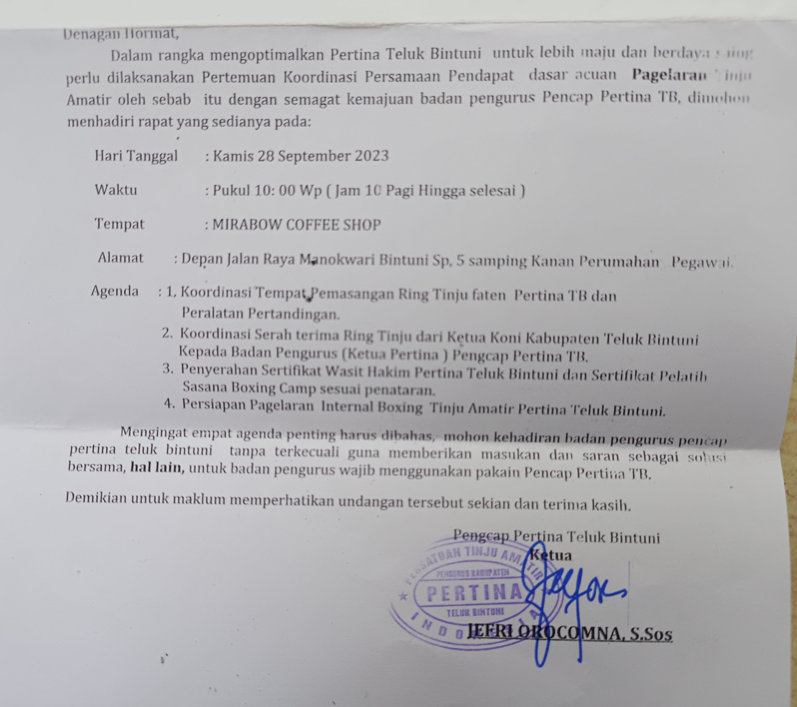 Undangan Rapat Koordinasi Badan Pengurus Pertina Teluk Bintuni.