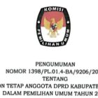 PENGUMUMAN NOMOR 1398/PL.01.4-BA/9206/2023 TENTANG DAFTAR CALON TETAP ANGGOTA DPRD KABUPATEN TELUK BINTUNI DALAM PEMILIHAN UMUM TAHUN 2024  Bahwa untuk melaksanakan ketentuan Pasal 85 ayat (1) Peraturan KPU Nomor 10 Tahun 2023 tentang Pencalonan Anggota Dewan Perwakilan Rakyat, Dewan perwakilan Rakyat Daerah Provinsi, dan Dewan Perwakilan Rakyat Daerah Kabupaten Teluk Bintuni dan berdasarkan keputusan Komisi Pemilihan Umum Teluk Bintuni Nomor 82 Tahun 2023 tentang Daftar Calon Tetap Anggota Dewan Perwakilan Daerah Kabupaten Teluk Bintuni dalam pemilihan umum tahun 2024.   Komisi Pemilihan Umum Kabupaten Teluk Bintuni mengumumkan Daftar Calon Tetap (DCT) Anggota DPRD Kabupaten Teluk Bintuni dan persentase keterwakilan perempuan dalam Daftar Calon Tetap (DCT) sebagaimana terlampir. Dapat dilihat melalui portal publikasi https://infopemilu.kpu.go.id/pemilu.
