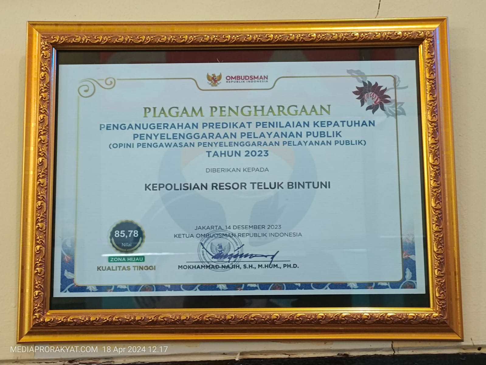 Penghargaan Dari Ombudsman RI Untuk Polres Teluk Bintuni. 