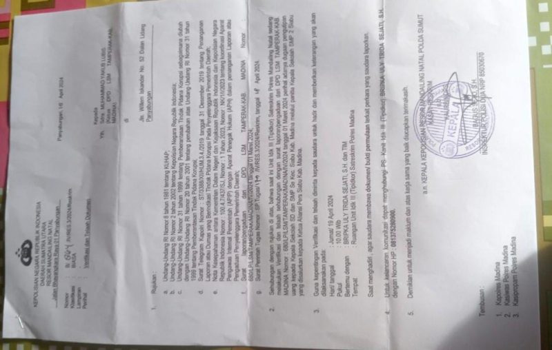 Surat panggilan dari Polres Madina kepada Ketua DPD LSM TAMPERAK Madina Muhammad Yakub Lubis. (Foto: Magrifat Lubis)