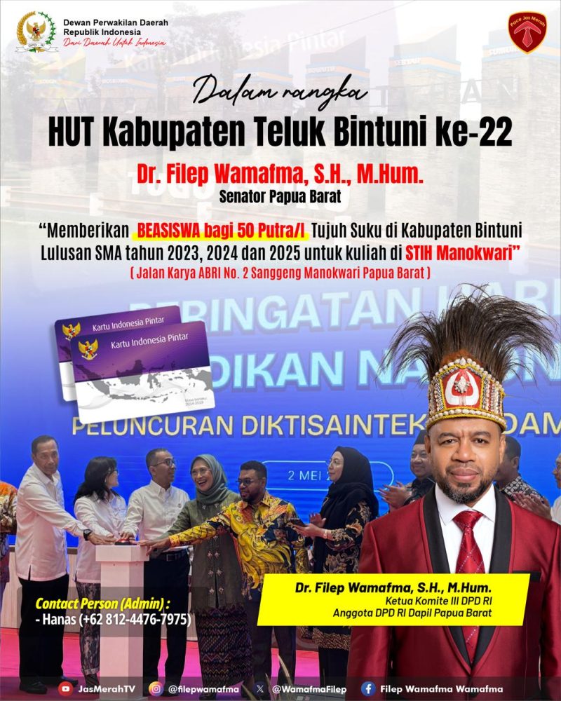 Dalam Rangka HUT ke-22 Kabupaten Teluk Bintuni, Dr. Filep Wamafma Berikan Beasiswa Kuliah bagi 50 Putra-Putri Asli Papua