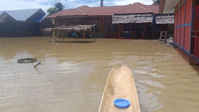 Tampak bangunan SD Negeri Yakora terendam banjir, dengan sebuah perahu terlihat di lokasi. Foto diambil oleh salah satu guru di sekolah yang terdampak bencana.
