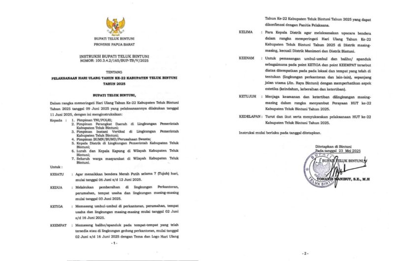 Keterangan Gambar:
Instruksi yang tertuang dalam Surat Nomor 100.3.4.2/165/BUP.TB/IV/2025 ini mengatur serangkaian kegiatan yang wajib dilaksanakan oleh berbagai unsur, mulai dari TNI/POLRI, perangkat daerah, instansi vertikal, BUMN/BUMD/perusahaan swasta, kepala distrik, lurah/kepala kampung, hingga masyarakat umum.
Sumber: Humas dan Protokoler Setda Pemkab Teluk Bintuni.

