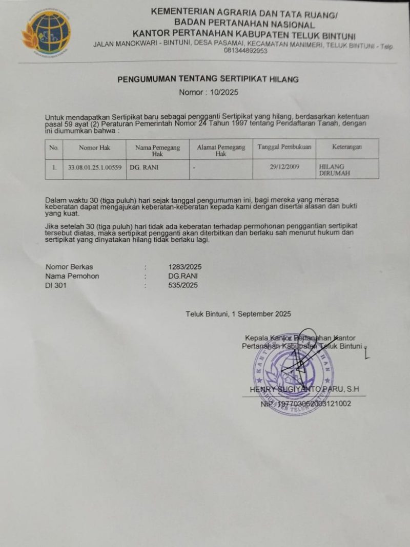 PENGUMUMAN KEHILANGAN SERTIFIKAT TANAH