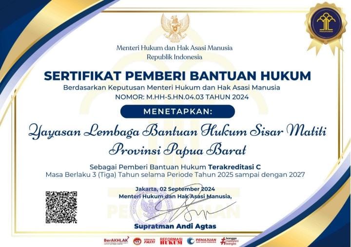 YLBH Sisar Matiti Papua Barat Resmi Terakreditasi C Sebagai Pemberi Bantuan Hukum