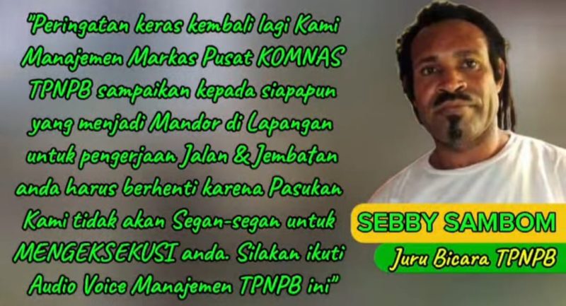 📷 Keterangan gambar: Sebby Sambom, Juru Bicara TPNPB, dalam unggahan berisi peringatan keras di halaman Facebook TPNPB News.
Sumber: Akun Facebook TPNPB News